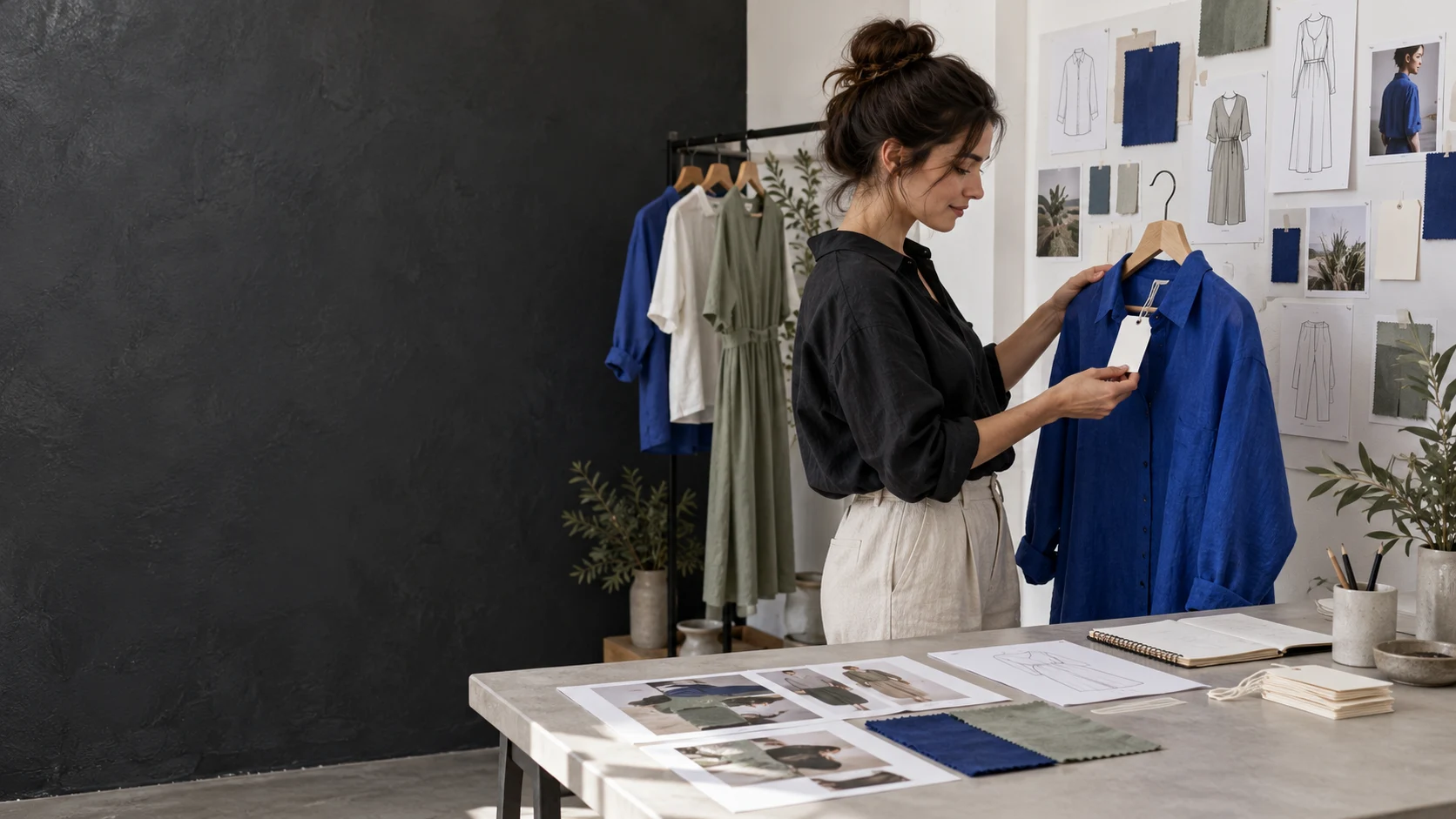 Illustrative clothing brand founder planning a first collection with fabric swatches, style references and labels