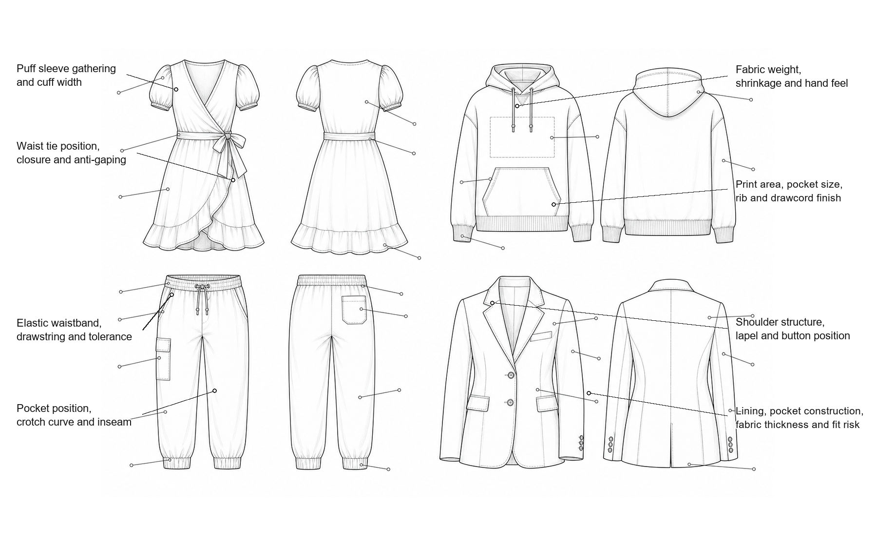 Technical garment development details for dress hoodie jogger and blazer